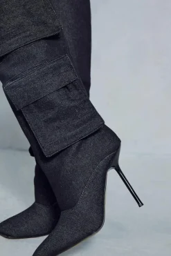 Knee High Boots*MissPap Denim Cargo Knee High Boots black