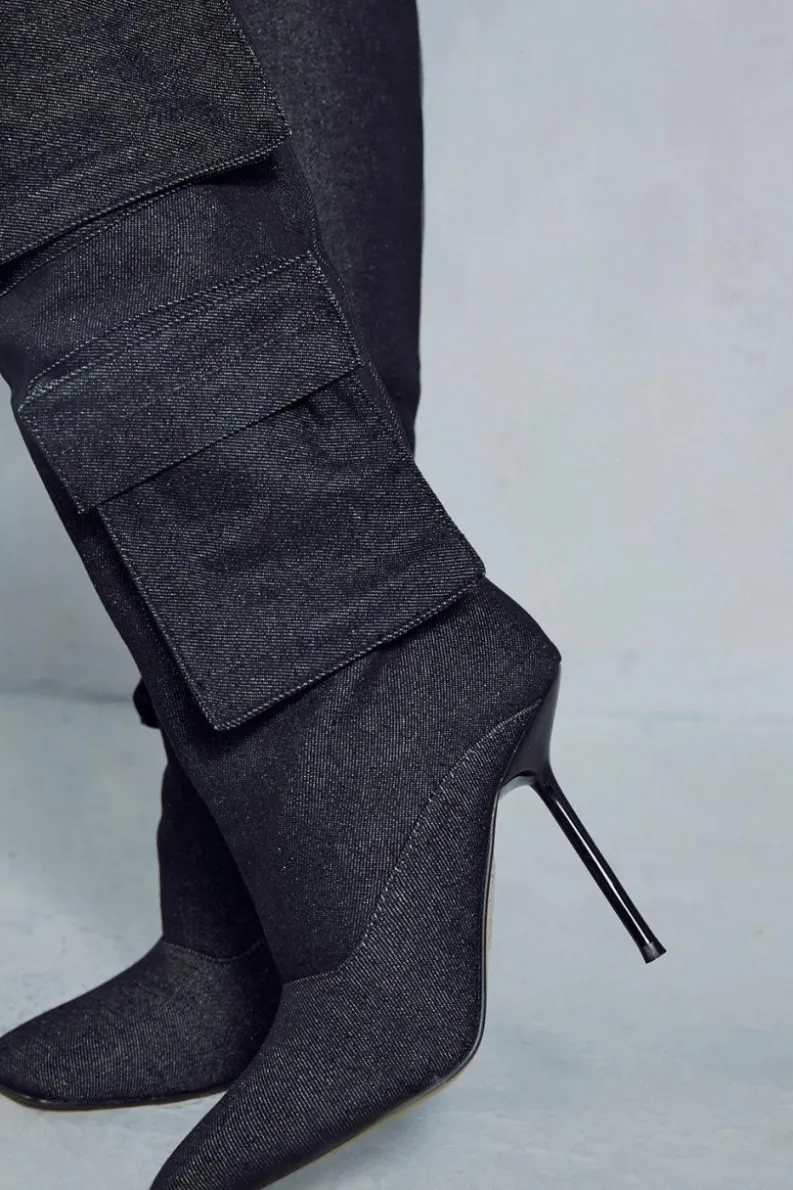Knee High Boots*MissPap Denim Cargo Knee High Boots black