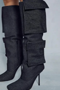 Knee High Boots*MissPap Denim Cargo Knee High Boots black