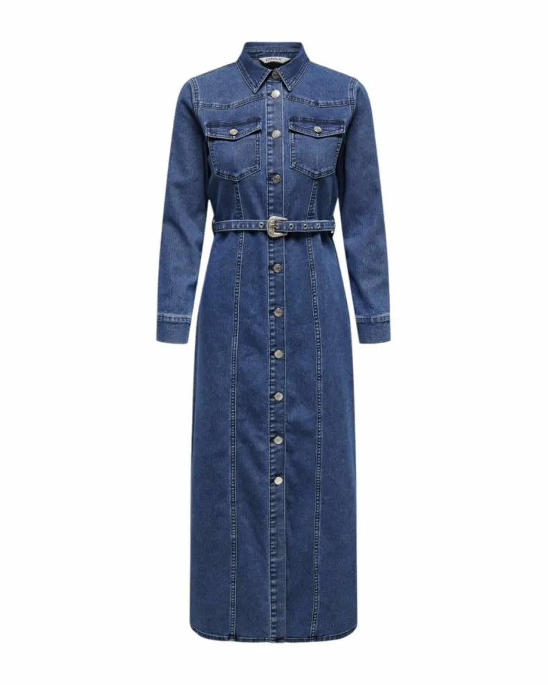 Shirt Dresses*Only Denim Dress with Belt - Casual Long Sleeve Shirt Dress - Blue