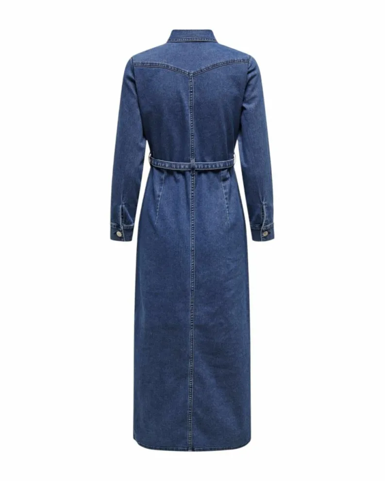 Shirt Dresses*Only Denim Dress with Belt - Casual Long Sleeve Shirt Dress - Blue