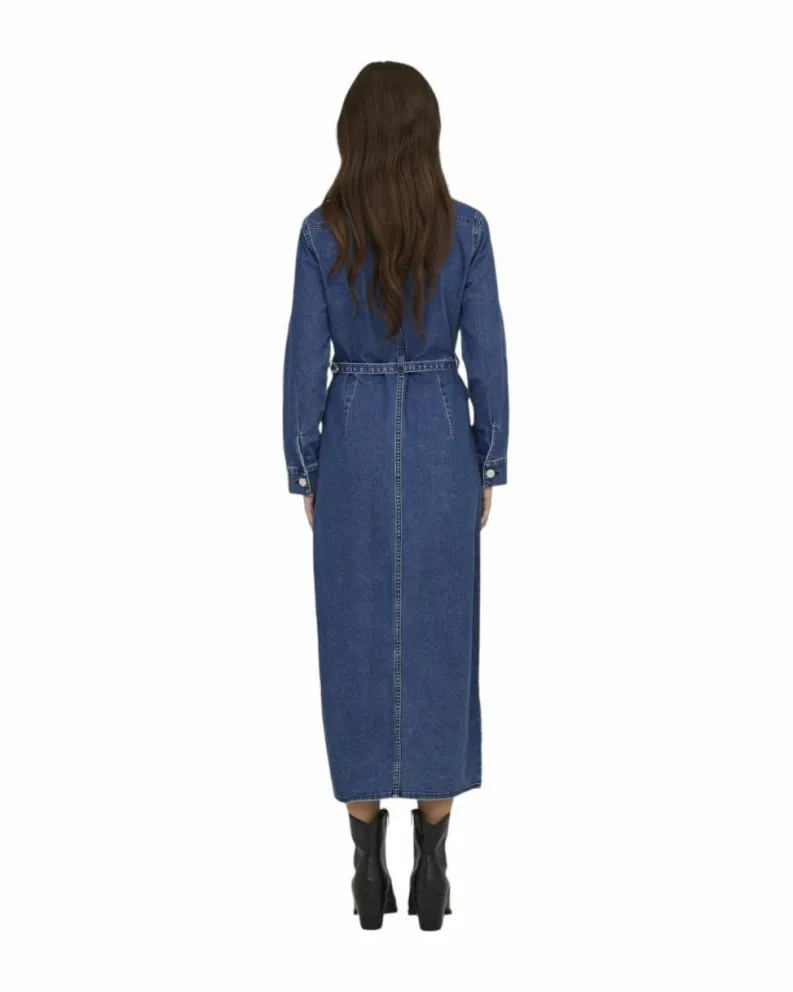 Shirt Dresses*Only Denim Dress with Belt - Casual Long Sleeve Shirt Dress - Blue
