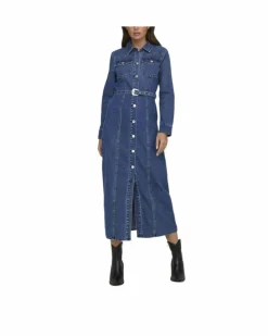 Shirt Dresses*Only Denim Dress with Belt - Casual Long Sleeve Shirt Dress - Blue
