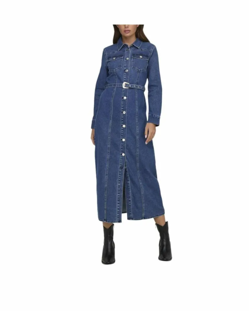 Shirt Dresses*Only Denim Dress with Belt - Casual Long Sleeve Shirt Dress - Blue