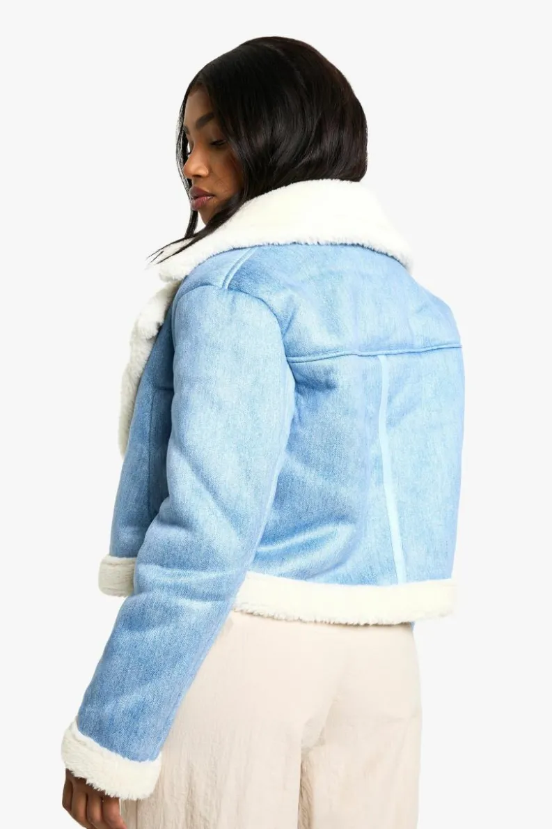 Up To 80% Off Winter Warmers|Aviator Jackets*boohoo Denim Look Cropped Aviator Jacket denim-blue