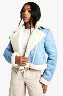 Up To 80% Off Winter Warmers|Aviator Jackets*boohoo Denim Look Cropped Aviator Jacket denim-blue