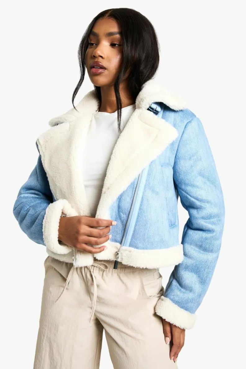 Up To 80% Off Winter Warmers|Aviator Jackets*boohoo Denim Look Cropped Aviator Jacket denim-blue