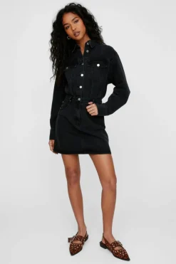 Shirt Dresses*NastyGal Denim Shirt Dress washed black