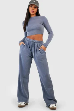 Long Sleeve Tops*boohoo Washed Rib Long Sleeve Fitted Top denim-blue