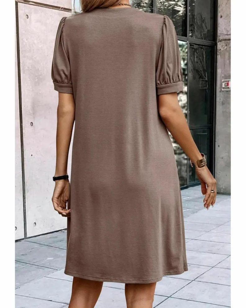 Shirt Dresses|T-Shirt Dresses*Azura Exchange Desert Palm Notched Neck Pleated Puff Sleeve Shift T-shirt Dress Green