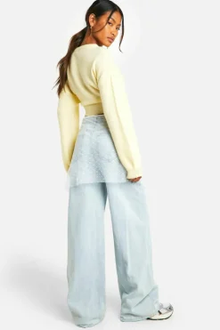 Up To 80% Off Winter Warmers|Denim*boohoo Detachable Lace Tie Skirt Overlay And Washed Wide Leg Denim Jeans washed blue