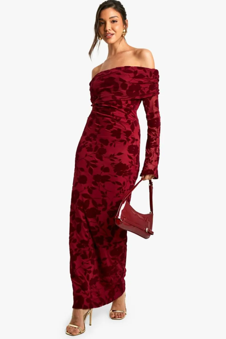 Maxi Dresses|Long Sleeve Dresses*boohoo Devore Bardot Maxi Dress wine