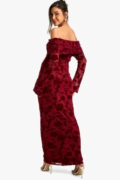 Maxi Dresses|Long Sleeve Dresses*boohoo Devore Bardot Maxi Dress wine