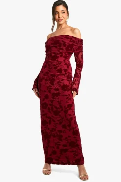 Maxi Dresses|Long Sleeve Dresses*boohoo Devore Bardot Maxi Dress wine