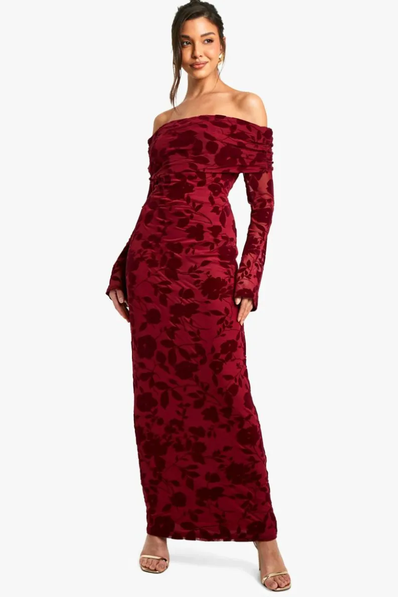 Maxi Dresses|Long Sleeve Dresses*boohoo Devore Bardot Maxi Dress wine