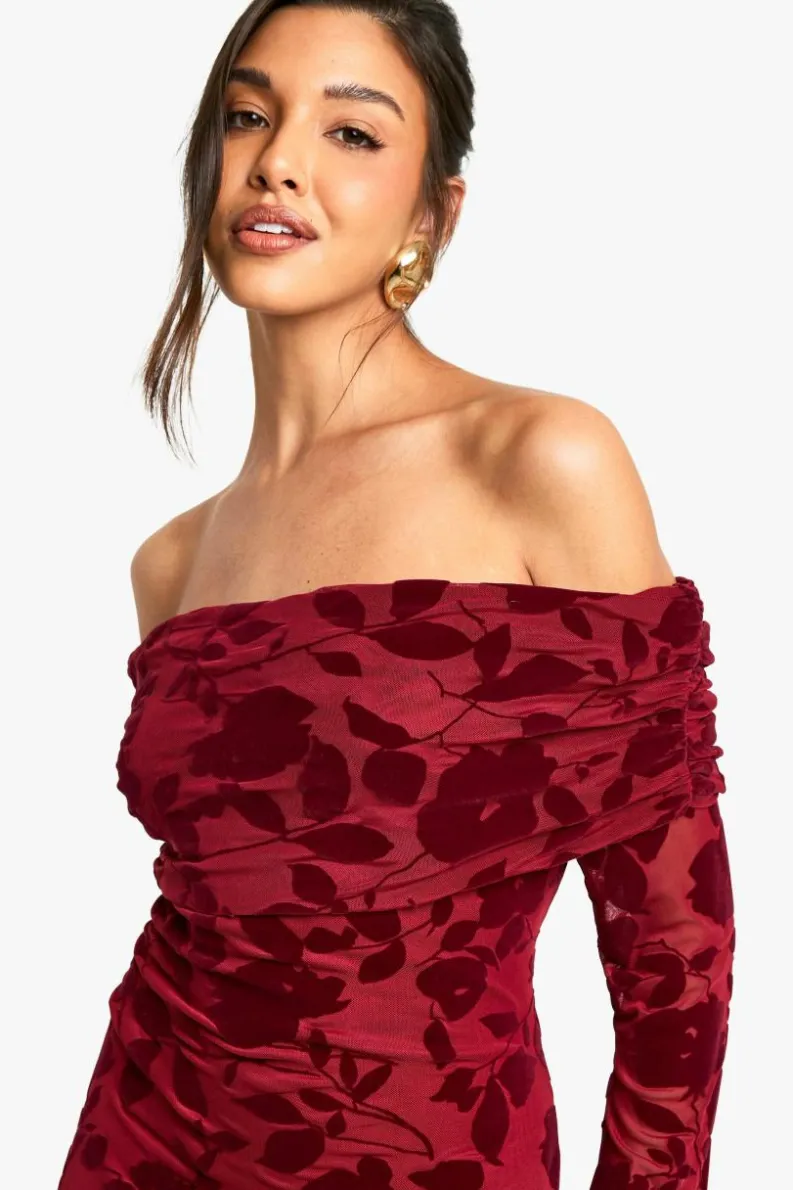 Maxi Dresses|Long Sleeve Dresses*boohoo Devore Bardot Maxi Dress wine