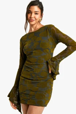 Mini Dresses|Long Sleeve Dresses*boohoo Devore Flare Sleeve Back Tie Mini Dress khaki