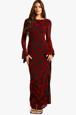Maxi Dresses*boohoo Devore Flare Sleeve Open Back Maxi Dress red