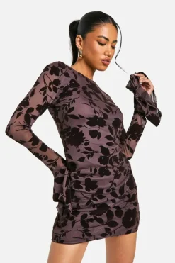 Bodycon Dresses*boohoo Devore Floral Frill Sleeve Mini Dress chocolate
