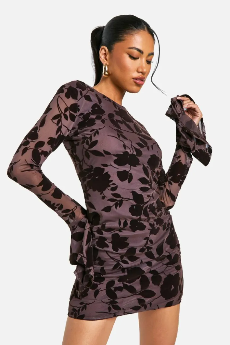 Bodycon Dresses*boohoo Devore Floral Frill Sleeve Mini Dress chocolate