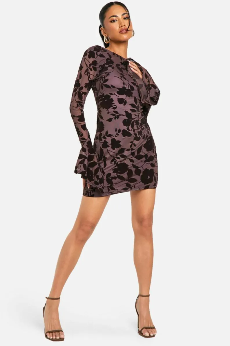 Bodycon Dresses*boohoo Devore Floral Frill Sleeve Mini Dress chocolate