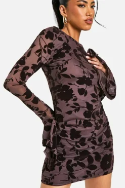 Bodycon Dresses*boohoo Devore Floral Frill Sleeve Mini Dress chocolate