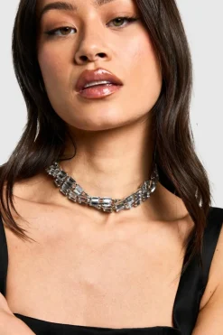 Necklaces*boohoo Diamante Baguette Twist Choker silver