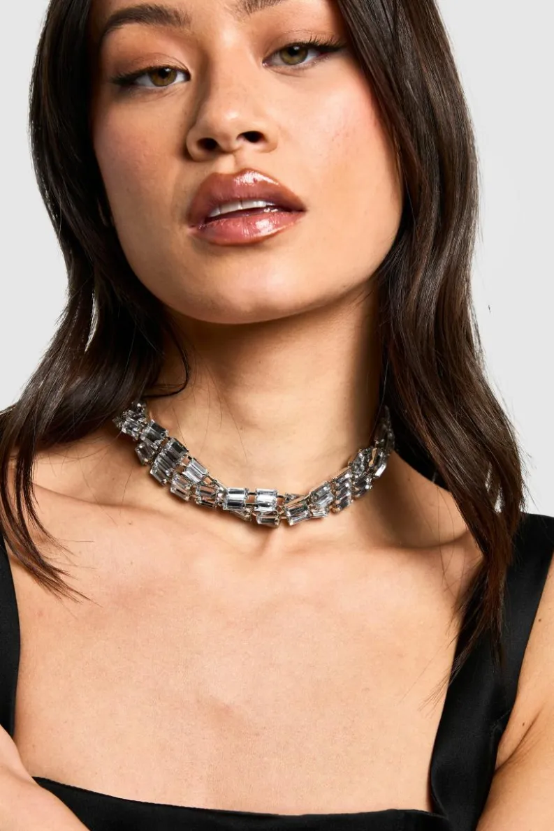 Necklaces*boohoo Diamante Baguette Twist Choker silver
