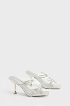 Heels*boohoo Diamante Bow Strappy Flared Heels silver