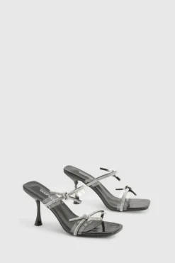 Heels*boohoo Diamante Bow Strappy Flared Heels black