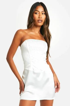 Bodycon Dresses*boohoo Diamante Corset Satin Mini Dress white