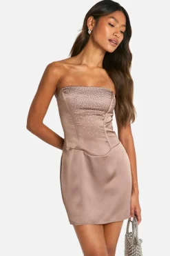 Bodycon Dresses*boohoo Diamante Corset Satin Mini Dress mocha