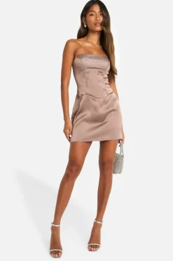 Bodycon Dresses*boohoo Diamante Corset Satin Mini Dress mocha