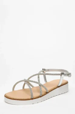 Sandals*Quiz Diamante Cross Strap Flatform Sandals Silver