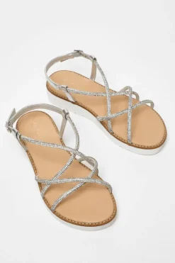Sandals*Quiz Diamante Cross Strap Flatform Sandals Silver