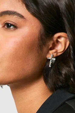 Statement Earrings|Earrings*boohoo Diamante Cross Stud Earrings gold