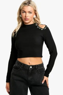 Long Sleeve Tops*boohoo Diamante cut out long sleeve top black