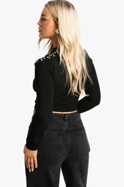 Long Sleeve Tops*boohoo Diamante cut out long sleeve top black