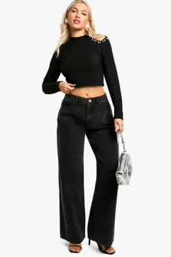 Long Sleeve Tops*boohoo Diamante cut out long sleeve top black
