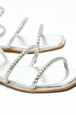 Sandals*Quiz Diamante Double Strap Flat Sandals Silver
