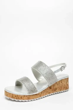 Sandals*Quiz Diamante Double Strap Low Wedges Silver