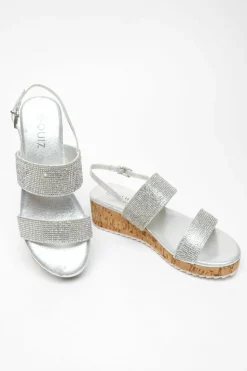 Sandals*Quiz Diamante Double Strap Low Wedges Silver