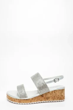 Sandals*Quiz Diamante Double Strap Low Wedges Silver