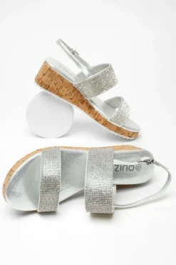 Sandals*Quiz Diamante Double Strap Low Wedges Silver