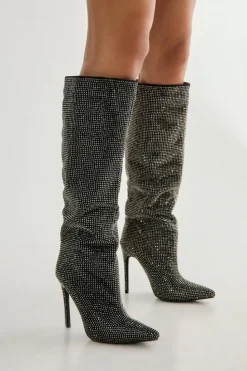 Heeled Boots*NastyGal Diamante Embellished Knee High Heeled Boot black