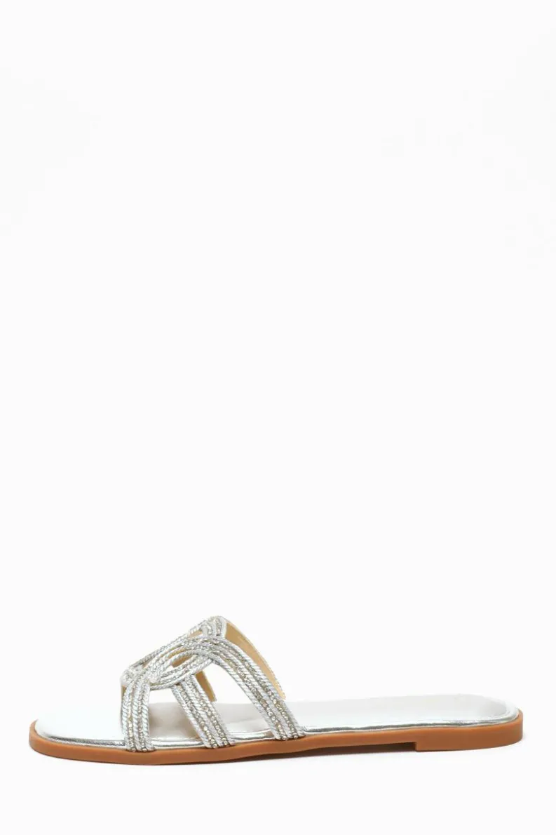 Sandals*Quiz Diamante Flat Sandals Silver