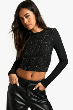 Long Sleeve Tops*boohoo Diamante hotfix long sleeve top black