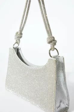 Shoulder Bags|Handbags*Quiz Diamante Knot Shoulder Bag Silver
