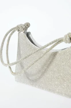 Shoulder Bags|Handbags*Quiz Diamante Knot Shoulder Bag Silver