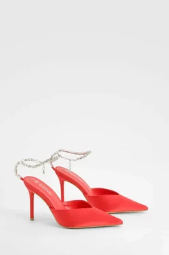 Heels*boohoo Diamante Strap Satin Pointed Court Shoes red